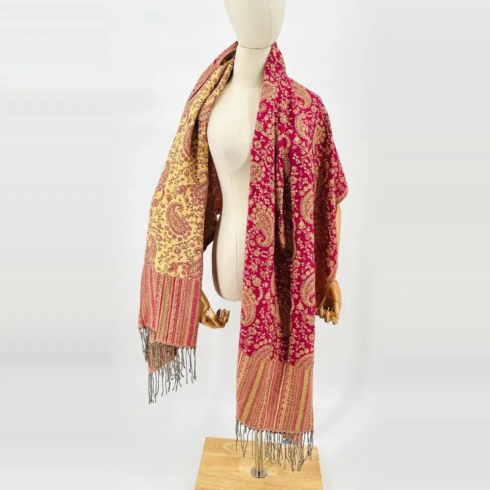 Pashmina Pink Yellow Paisley Turkish Woven Fringe Oversized Shawl Wrap